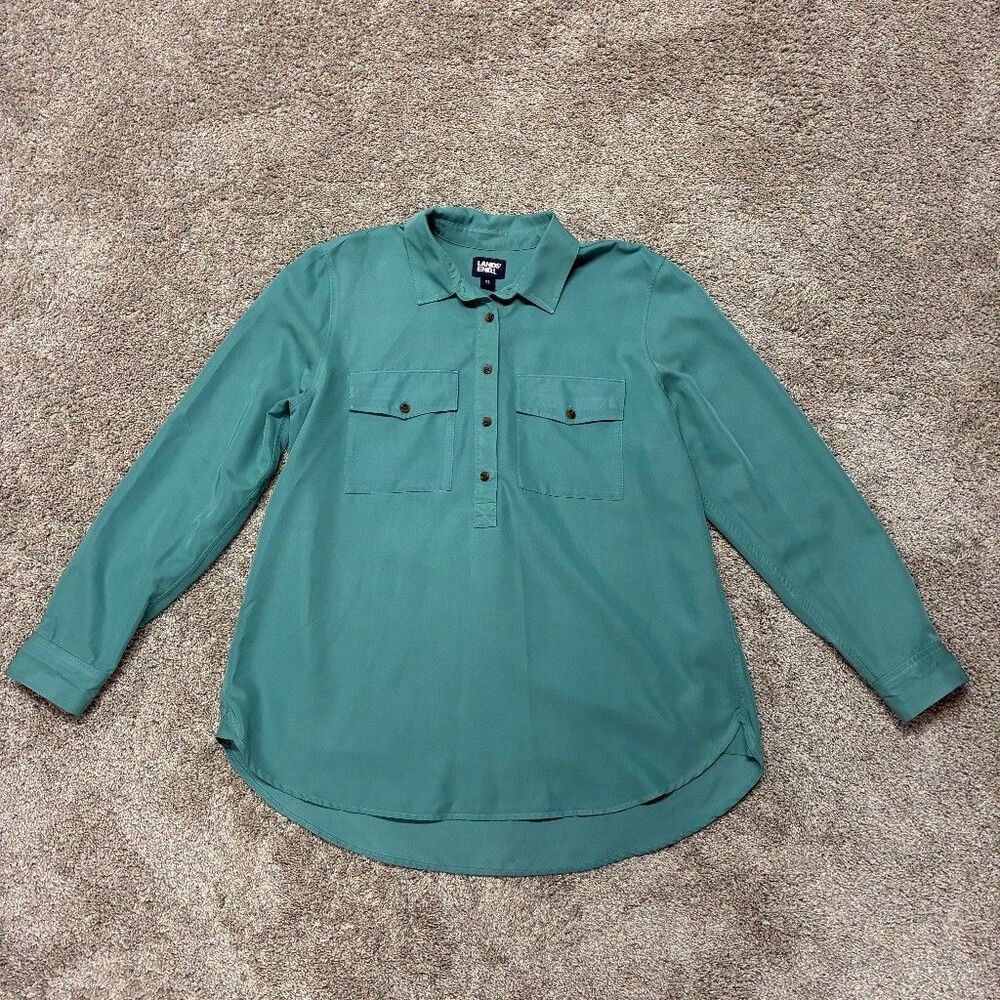 Lands End Womens XL Popover Blouse Teal Dual Chest Pockets Casual Coastal Granny